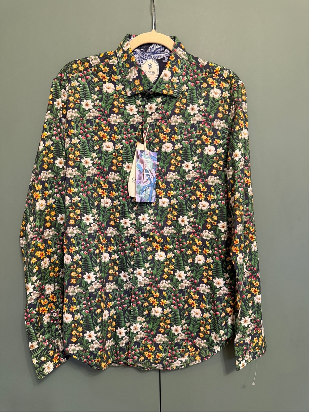 Nwt Ganesh Men's  Green Floral Cotton Soft Styled Italy Design Shirt Size L